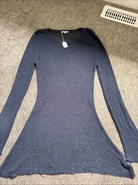 Dalia Collection Navy Blue Long Sleeve Knit A-Line Coverup